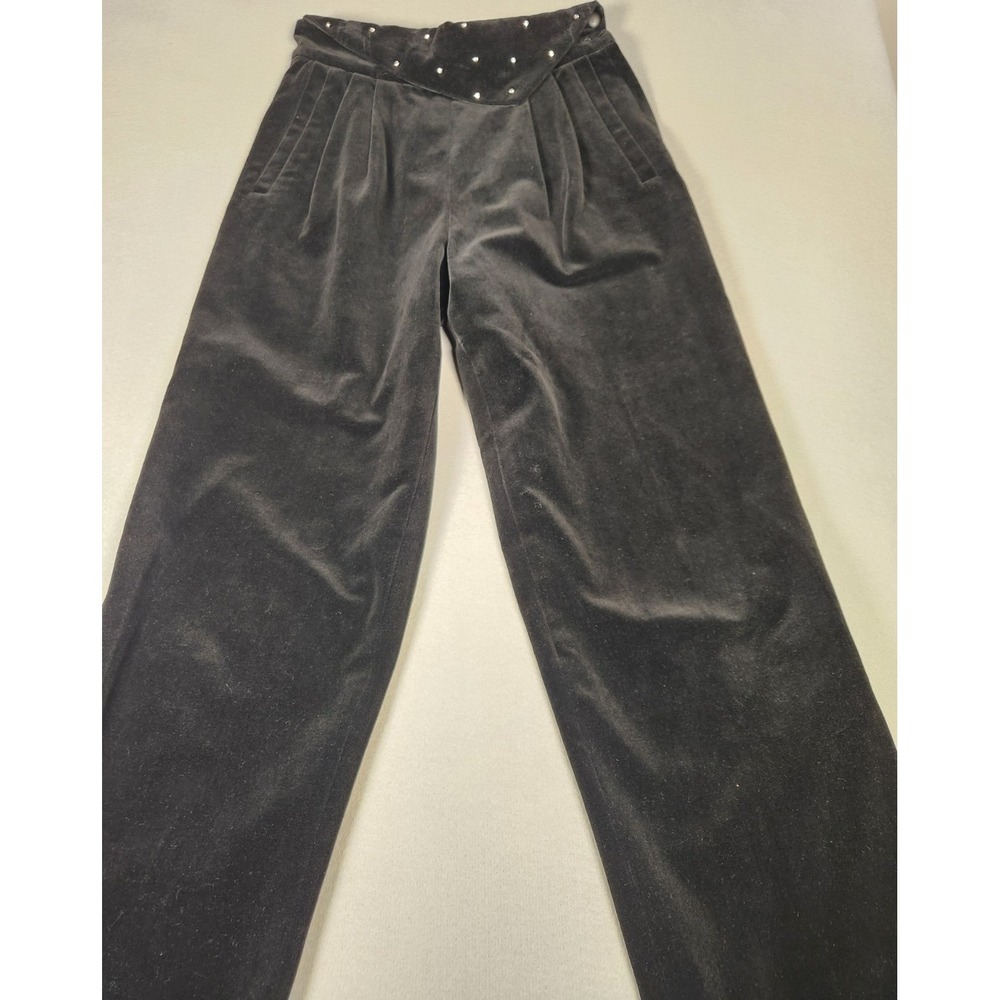 Women's Asian VINTAGE Black Velvet High-Rise Pleated Studded Straight Pants 10
